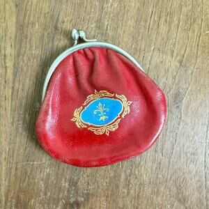 Italy VINTAGE Genuine Leather red gold Fleur De Lis‎ Change Purse Snap Closure